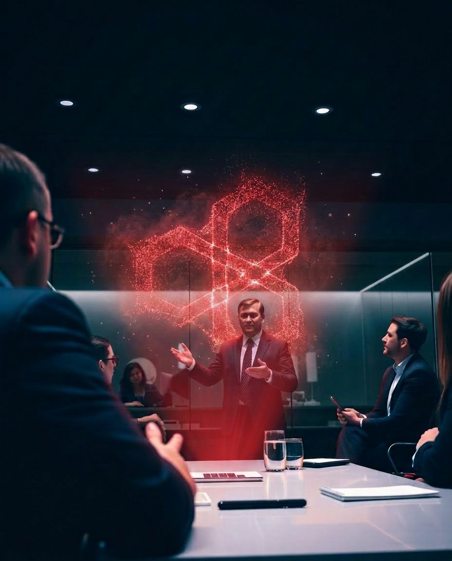 Líder empresarial en una sesión de formación con el isotipo de nodos proyectado como holograma rojo