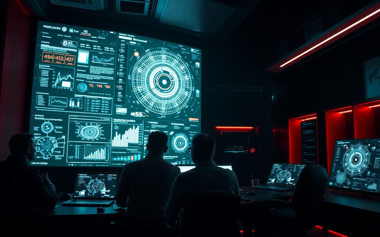 Laboratorio empresarial de innovación con equipos analizando datos e inteligencia artificial