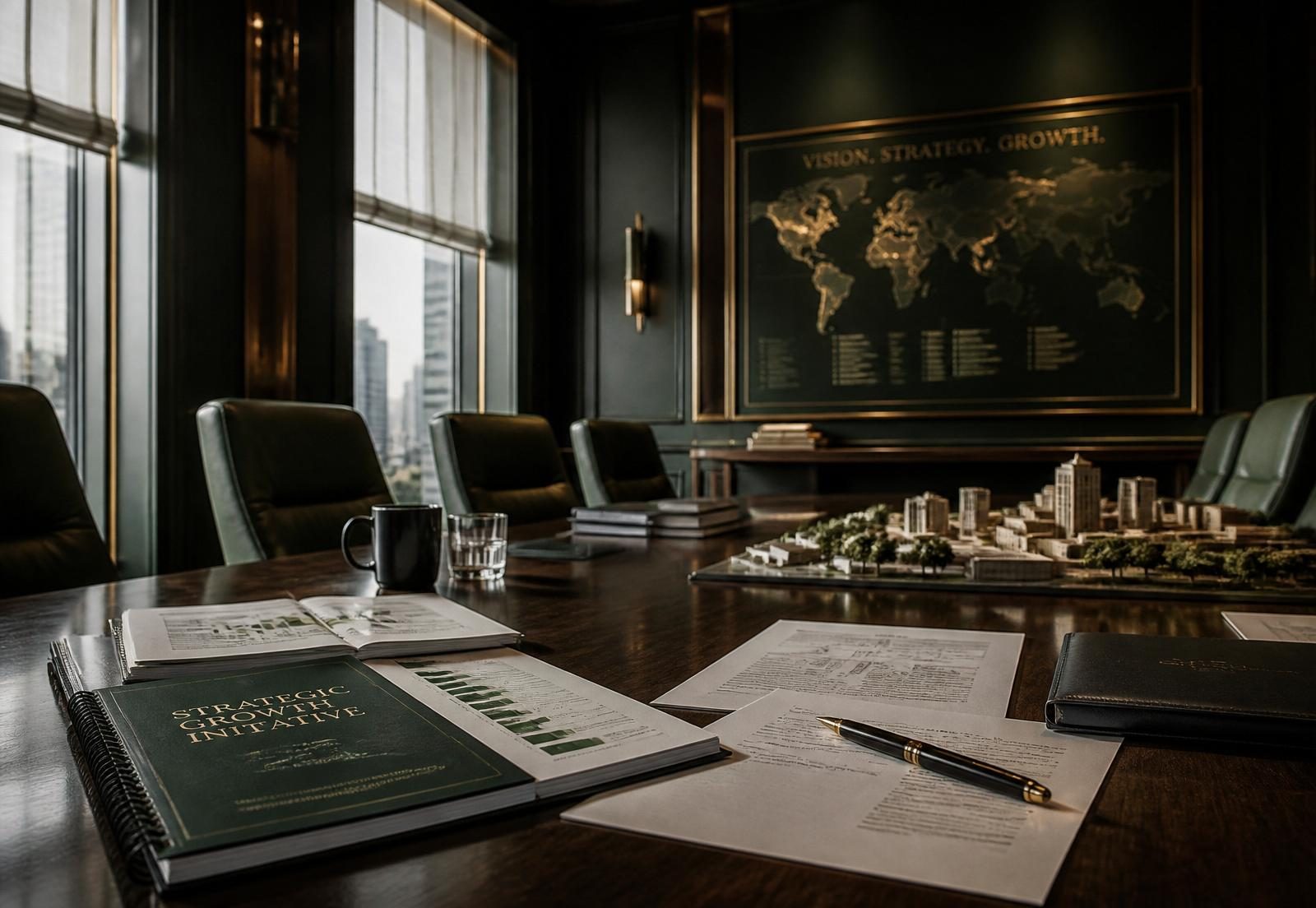 Sala de estrategia ejecutiva con documentos de planeación y modelos
