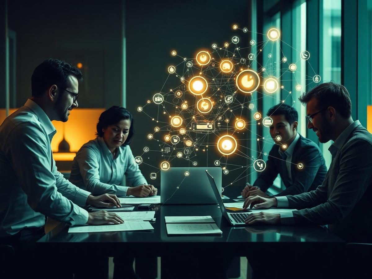 Equipo colaborando con tecnología en la operación empresarial